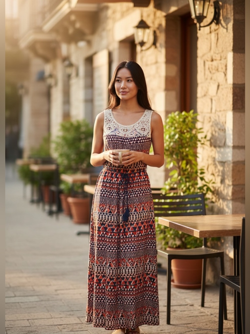 Lucky Brand Navy and Rust Crochet Yoke Maxi Dress